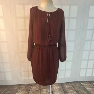 White House Black Market Burgundy Tie Neck Lace Long Sleeve Blouson Dress Sz XS